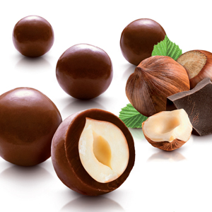 Hazelnuts coated with milk chocolate